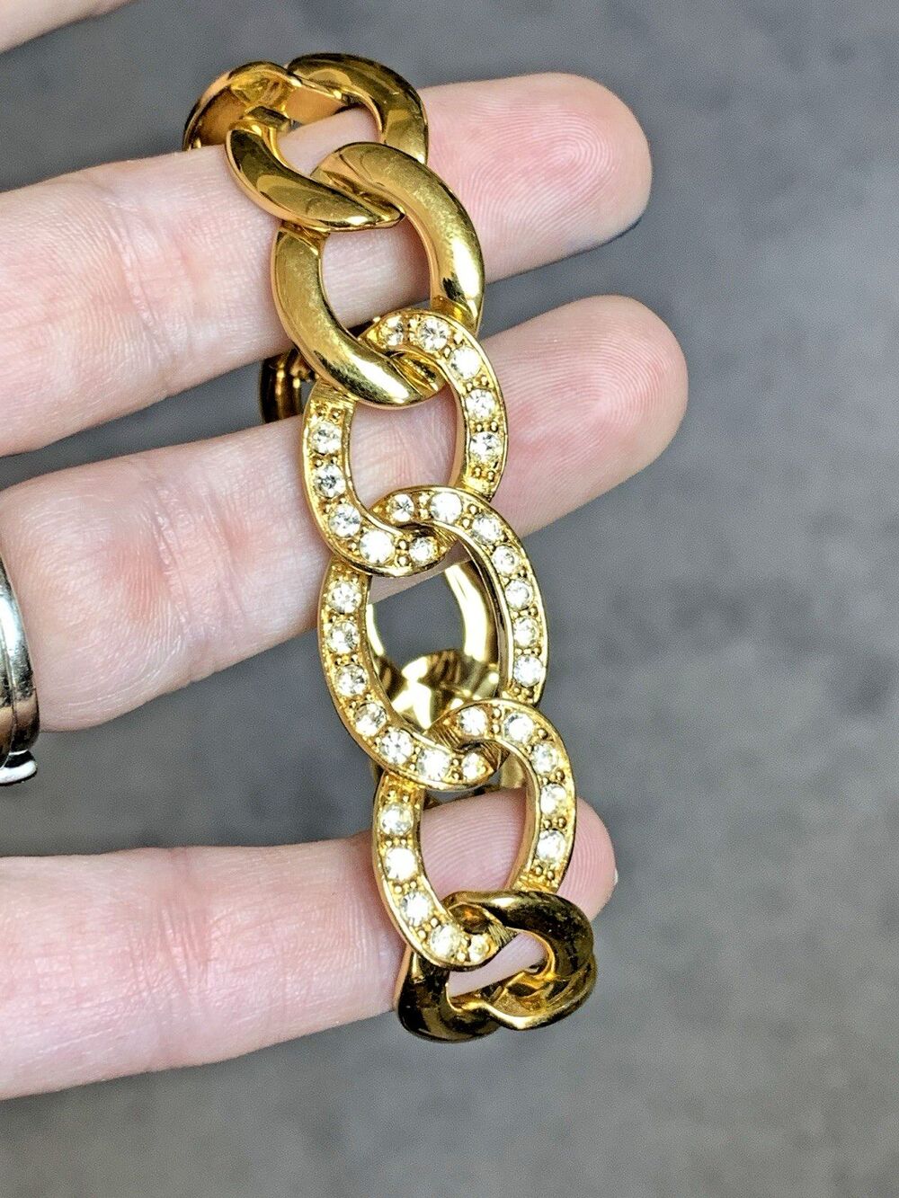 Vintage Napier Chunky Gold Tone Link Bracelet Clear Rhinestones Signed